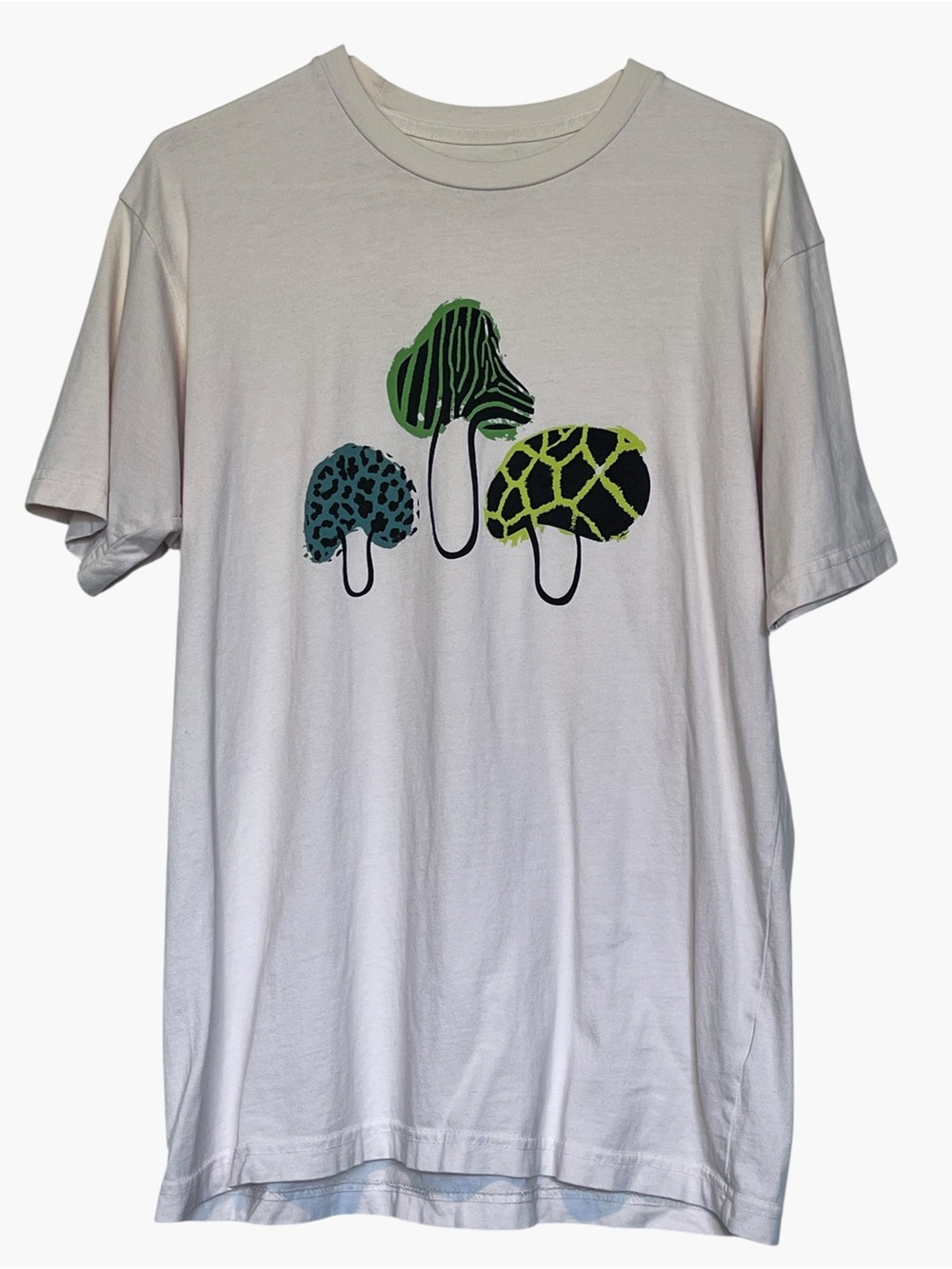 Obey White Tee with Green and Teal Mushroom Motif